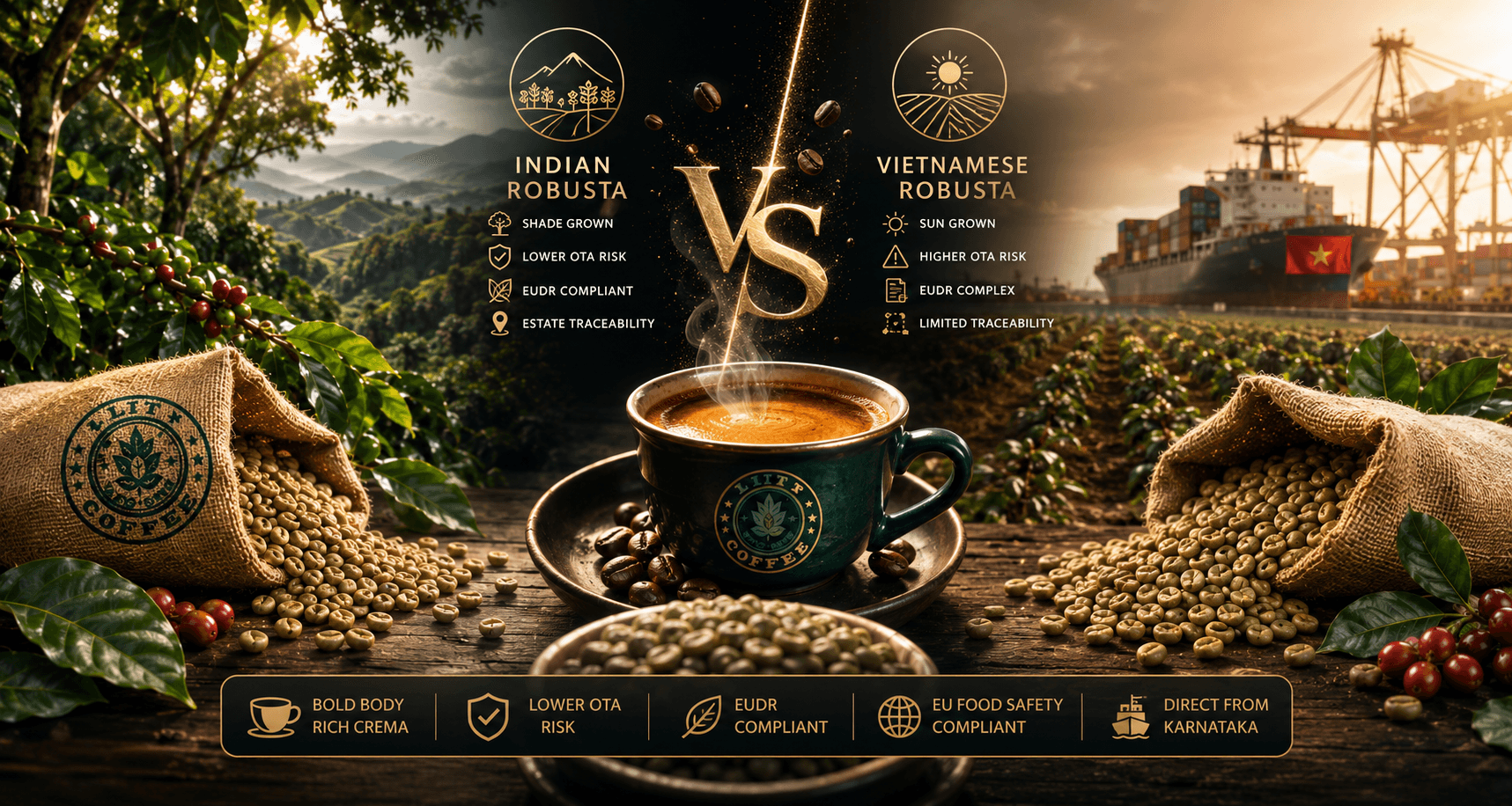 Indian Robusta coffee beans from Karnataka versus Vietnamese Robusta