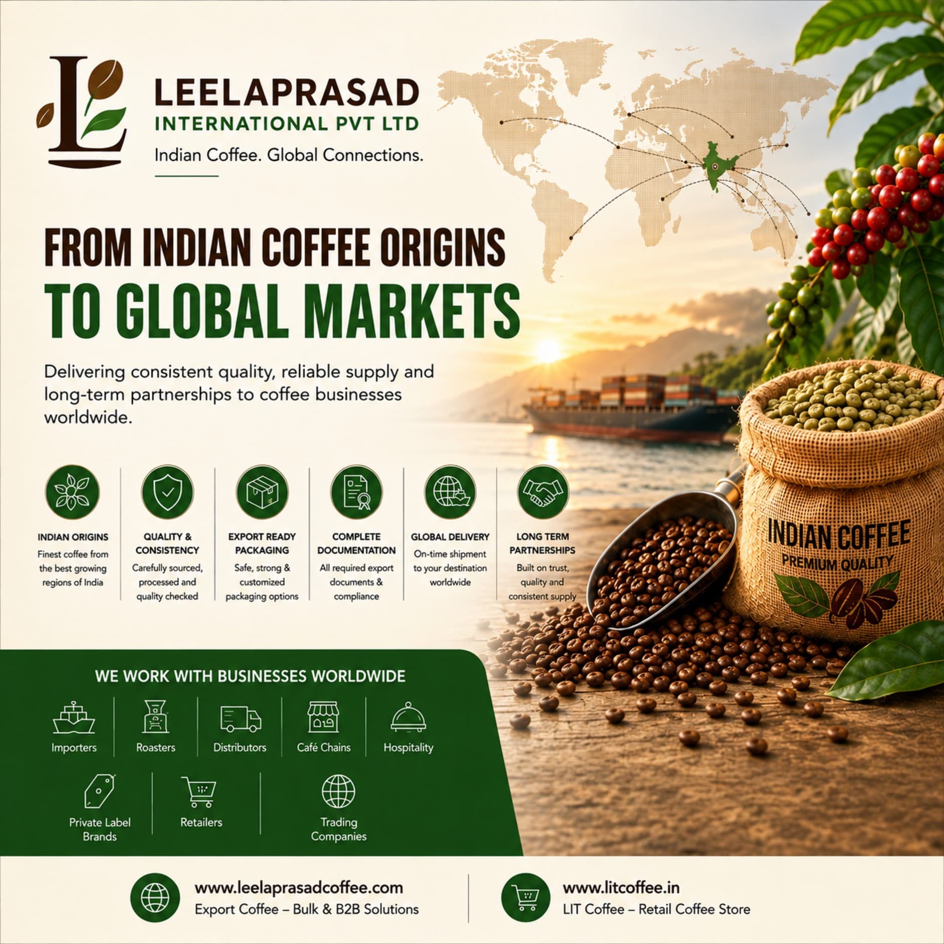 Green coffee beans sourced from Indian coffee estates ready for export