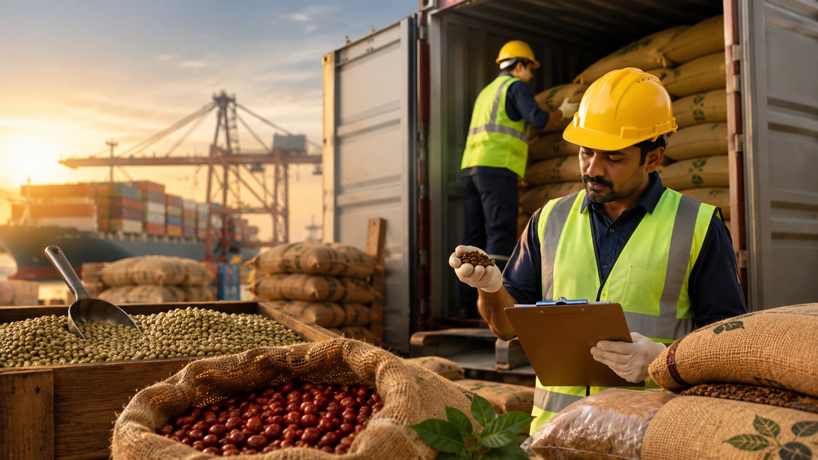 Coffee export packaging and container loading from India — jute bags and GrainPro liners