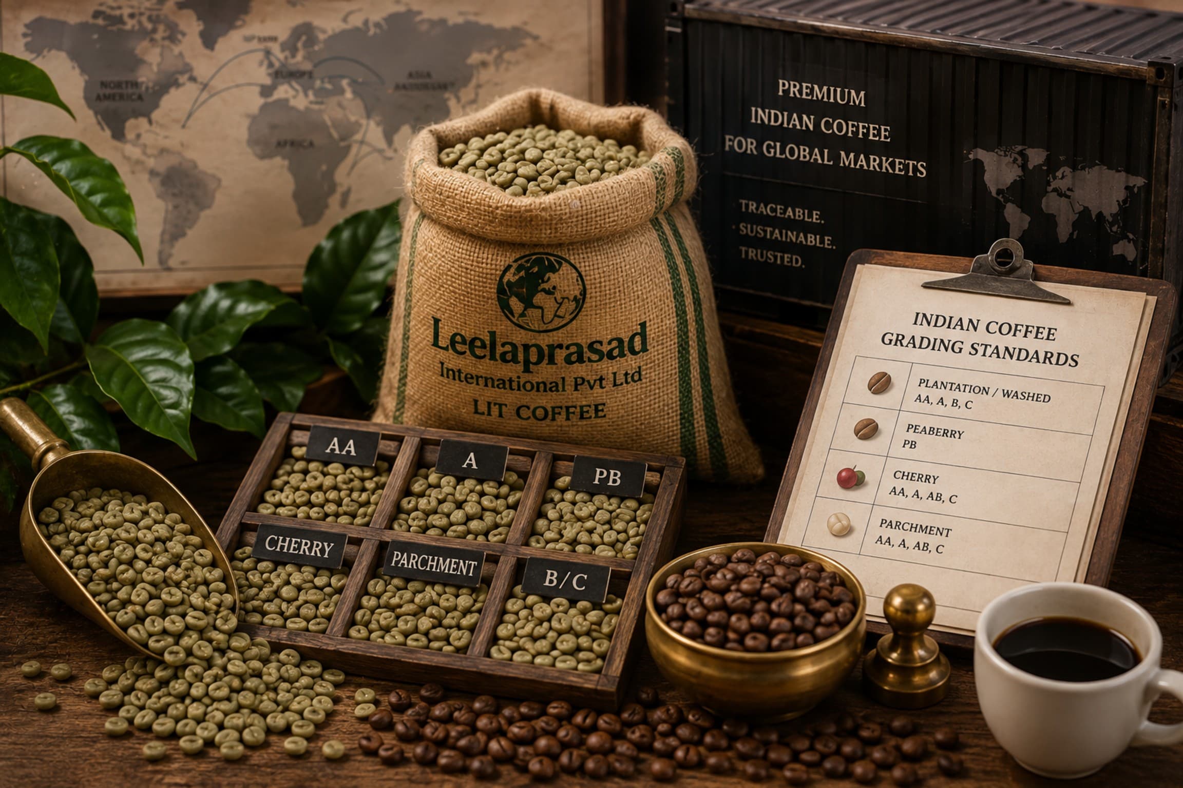 Graded Indian green coffee beans by size and process